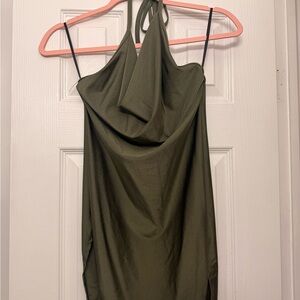 Olive Green Halter Cowl Neck Dress